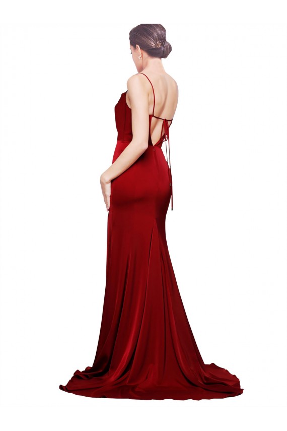 Cowl Front Neck Sweep Train Stretch Satin Prom Dress with High Side Split UK for Sale