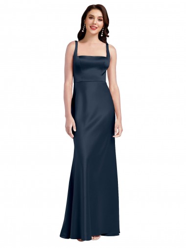 Square Neck A-Line Long Stretch Satin Prom Dress with Wide Straps UK for Sale