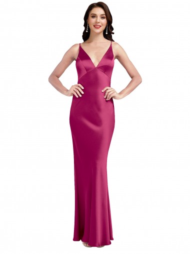 V-Neck Spaghetti Straps Slim Stretch Satin Prom Dress with Low Scoop Back UK for Sale