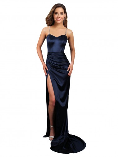 Pleated Sash Skirt Long Stretch Satin Prom Dress with High Slit UK for Sale