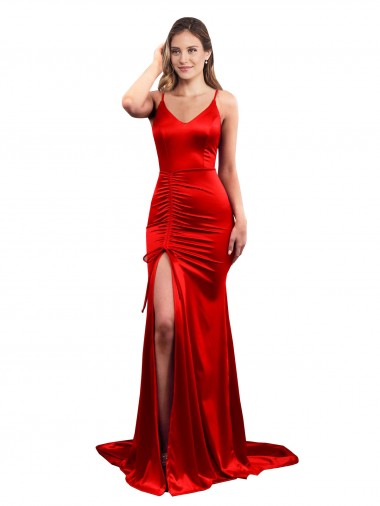 Long Pleated Stretch Satin Prom Dress with High Slit UK for Sale