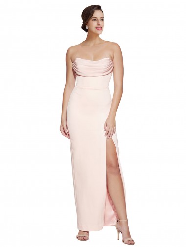 Cowl Neck Strapless Stretch Satin Prom Dress with High Split UK for Sale