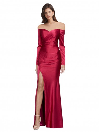 Long Sleeves Off the Shoulder Stretch Satin Prom Dress with High Side Split UK for Sale