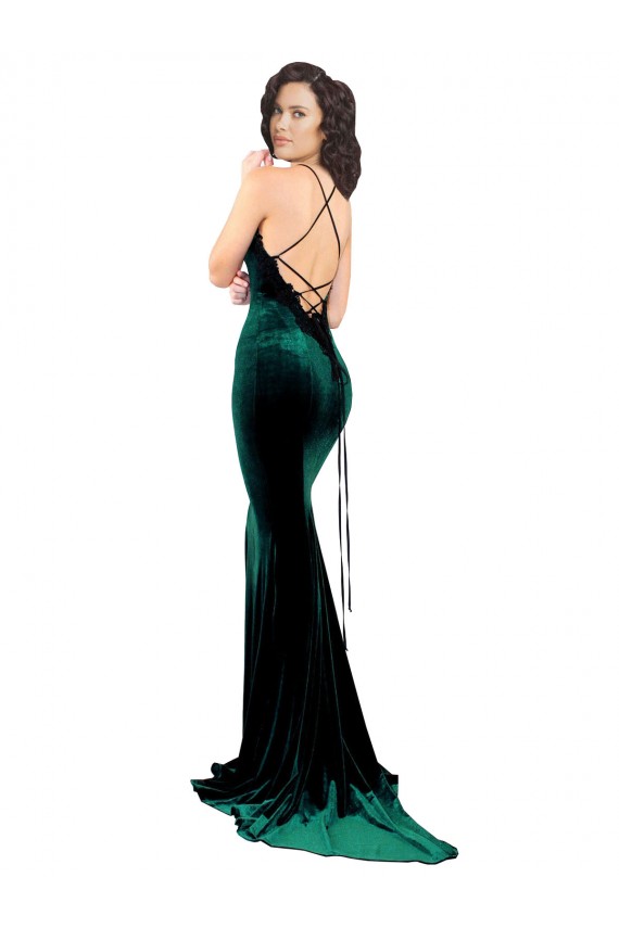 High Neck Stretch Velvet Prom Dress with Black Lace Embroidery UK for Sale