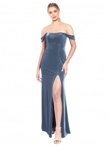 Draped Sleeves Wide Scoop Neck Off the Shoulder Velvet Prom Dress UK for Sale