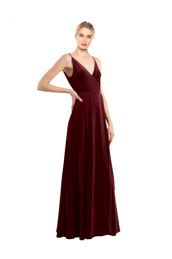 Faux Wrap V-Neck Sleek Long Velvet Prom Dress UK for Sale