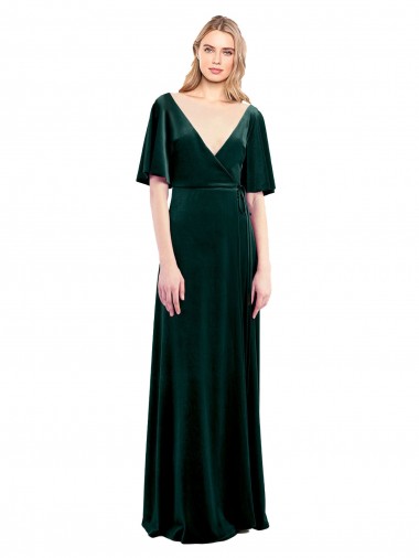 Deep V-Neck Flutter Sleeves Long Velvet Wrap Prom Dress UK for Sale