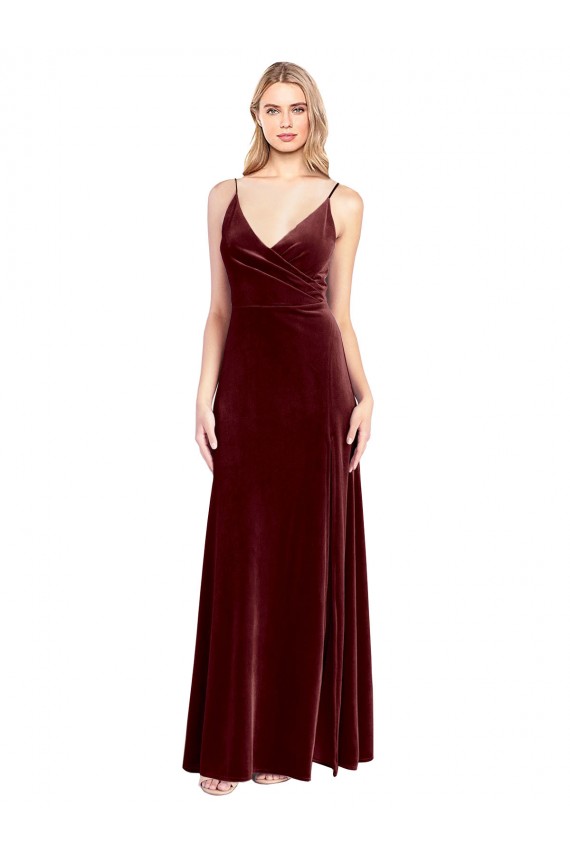 Faux Surplice Neckline Slim A-Line Long Velvet Prom Dress UK for Sale