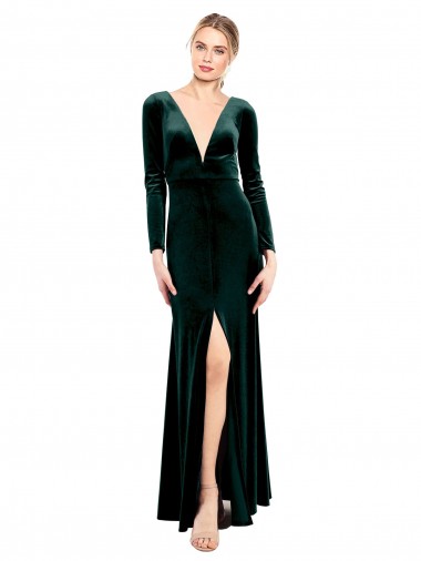 Plunging V-Neckline Long Sleeves Open Back Velvet Prom Dress UK for Sale