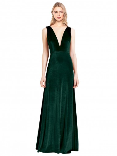 Daring Deep V-Neck Long Full Length Velvet Prom Dress UK for Sale