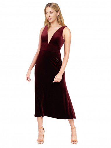 Daring Plunging V-Neckline Short Midi Length Velvet Cocktail Prom Dress / Homecoming Dress UK for Sale