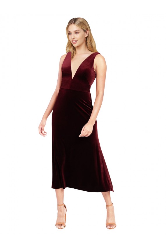 Daring Plunging V-Neckline Short Midi Length Velvet Cocktail Prom Dress / Homecoming Dress UK for Sale