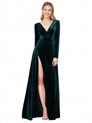 Deep V-Neck Long Sleeves Velvet Prom Dress with High Side Split UK for Sale