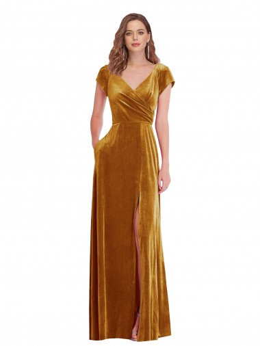 Cap Sleeve Faux Wrap Velvet Maxi Prom Dress with Pockets UK for Sale