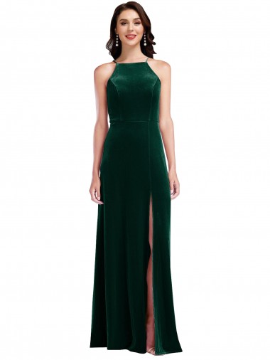 Velvet Halter Maxi Prom Dress with Front Slit & Pockets UK for Sale