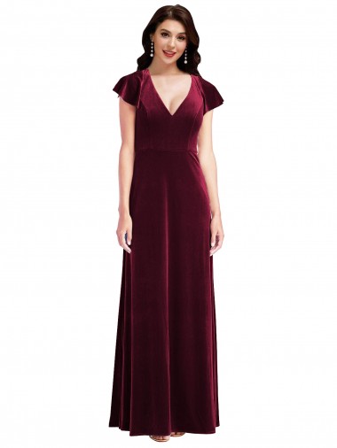 Flutter Sleeve Velvet Maxi Prom Dress with Pockets UK for Sale