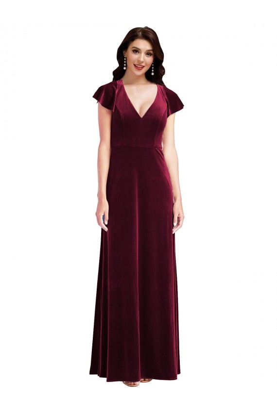 Flutter Sleeve Velvet Maxi Prom Dress with Pockets UK for Sale