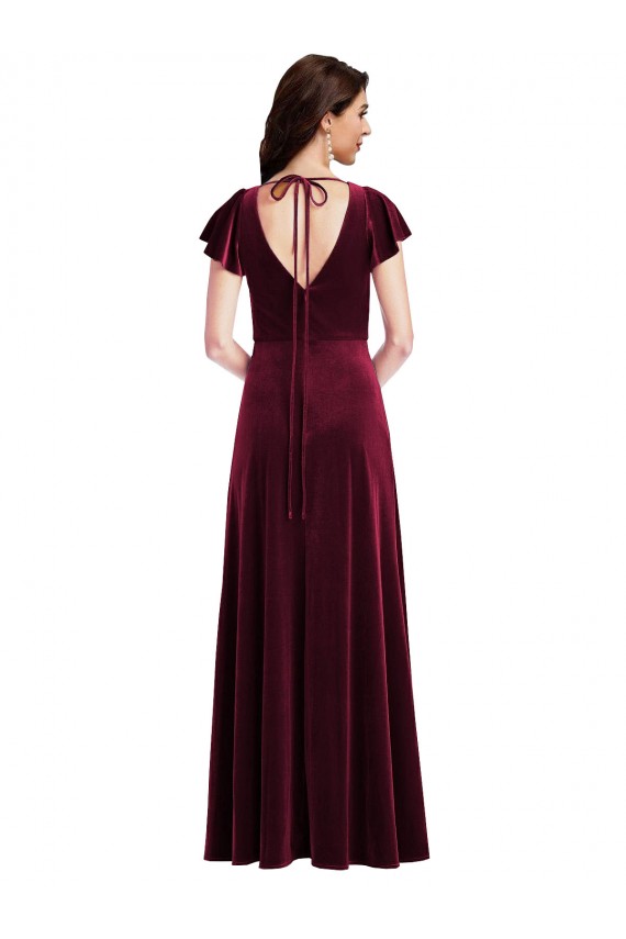 Flutter Sleeve Velvet Maxi Prom Dress with Pockets UK for Sale