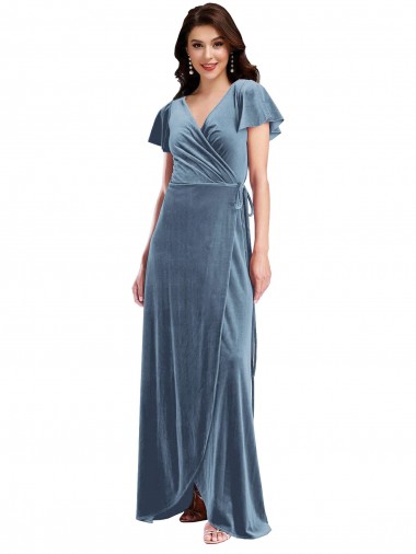 Flutter Sleeve Velvet Wrap Maxi Prom Dress with Pockets UK for Sale