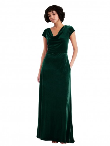 Cowl Neck Cap Sleeve Velvet Maxi Prom Dress with Pockets UK for Sale