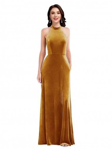 High-Neck Halter Velvet Maxi Prom Dress with Front Slit UK for Sale