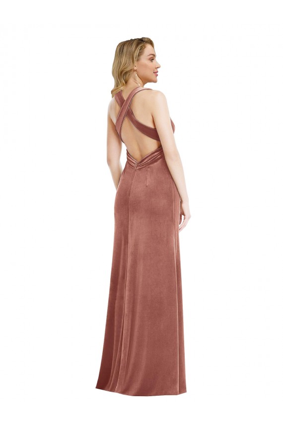 Plunging Neckline Velvet Maxi Prom Dress with Criss Cross Open Back UK for Sale