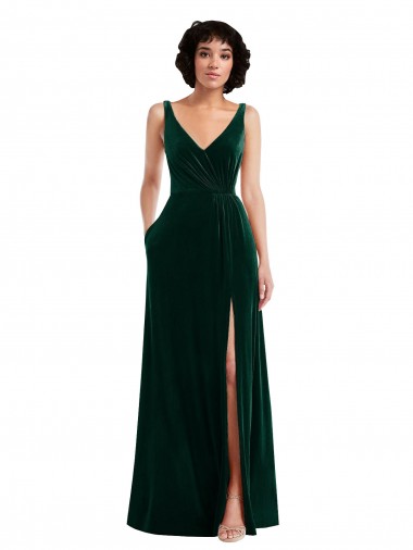 Floor Length Velvet Maxi Prom Dress with Shirred Bodice and Front Slit UK for Sale