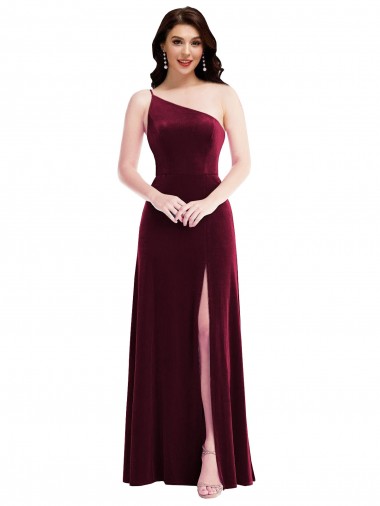 One Shoulder Spaghetti Strap Velvet Maxi Prom Dress with Pockets UK for Sale