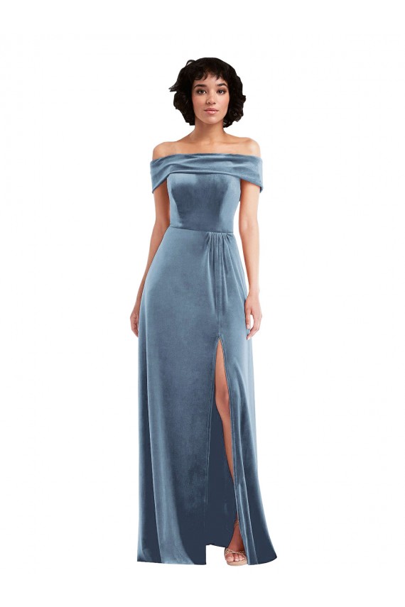 Draped Cuff Off the Shoulder Velvet Maxi Prom Dress with Pockets UK for Sale