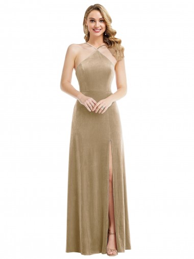 High Neck Halter Open Back Long Velvet Maxi Prom Dress with Pockets UK for Sale