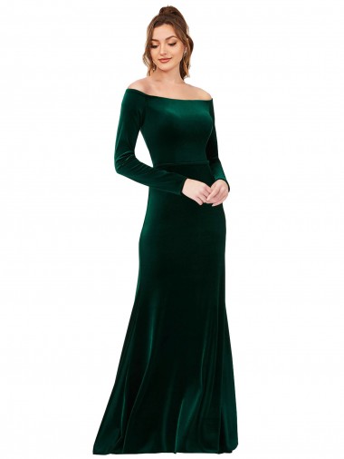 Off the Shoulder Long Sleeves Stretch Velvet Prom Dress UK for Sale