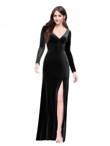 Long Sleeves Velvet Prom Dress with V-Neckline and Thigh Slit UK for Sale