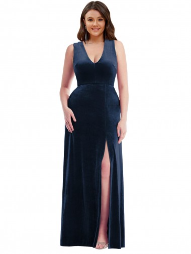 Deep V-Neck Sleeveless Velvet Maxi Prom Dress with Pockets UK for Sale