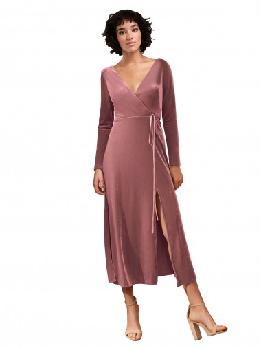 Long Sleeve Velvet Faux Wrap Midi Length Prom Dress UK for Sale