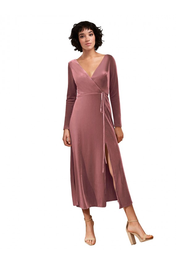 Long Sleeve Velvet Faux Wrap Midi Length Prom Dress UK for Sale