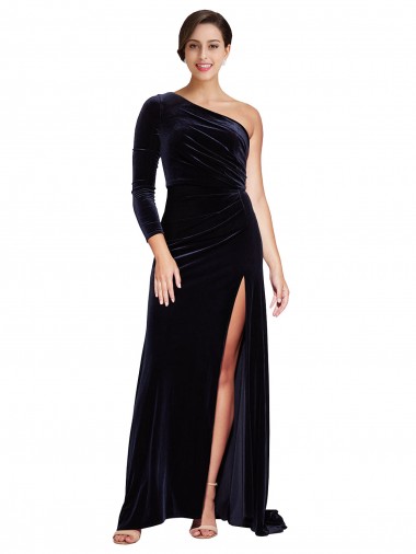 One Sleeve Long Velvet Prom Dress with Thigh High Split UK for Sale