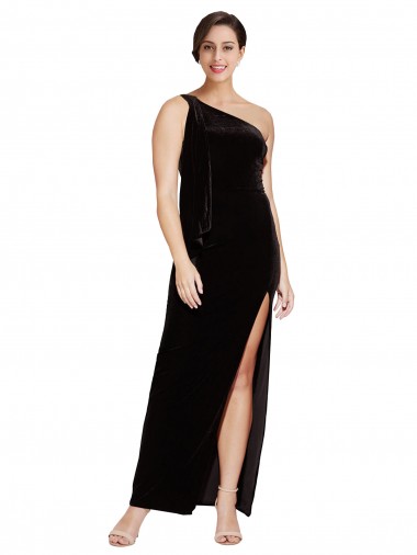 One Shoulder Long Velvet Prom Dress with Side Split and Shoulder Tie UK for Sale