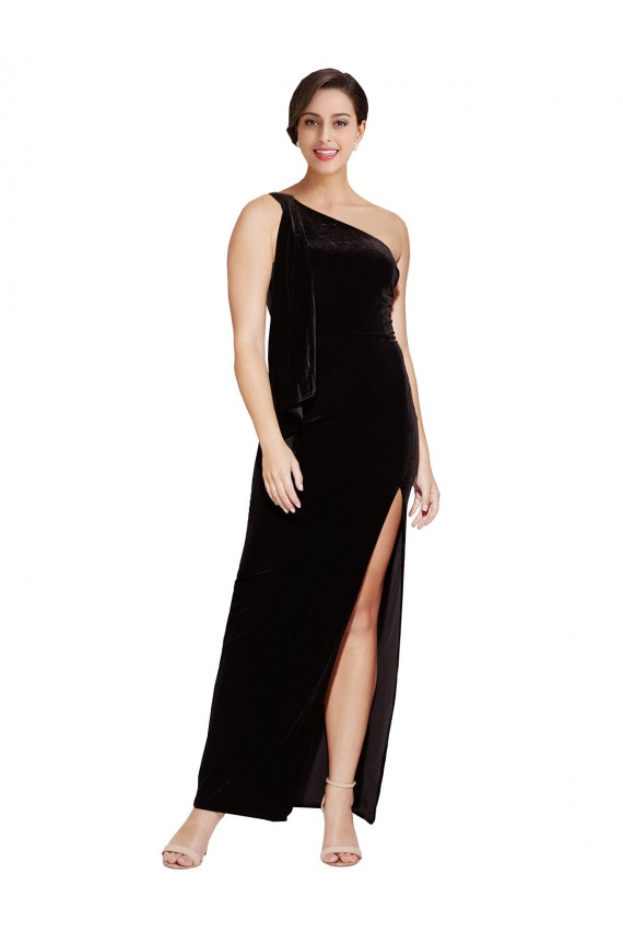 One Shoulder Long Velvet Prom Dress with Side Split and Shoulder Tie UK for Sale