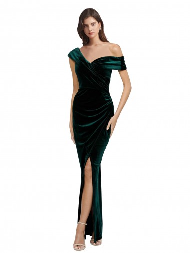 Long Asymmetric Neckline Ruched Velvet Prom Dress UK for Sale